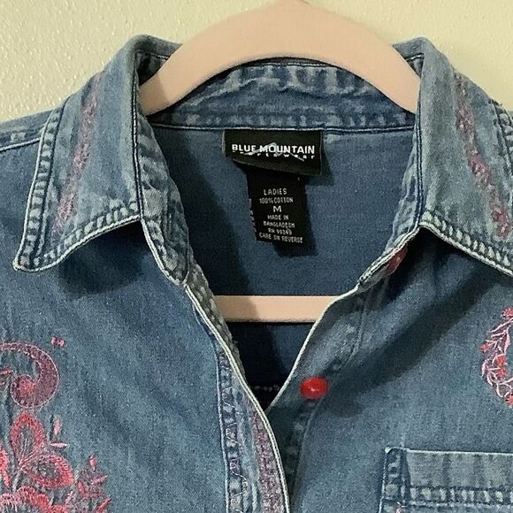 Vintage 90s Western Cottagecore Grandmacore Pink Embroidered Denim Blouse Medium - Picture 11 of 11